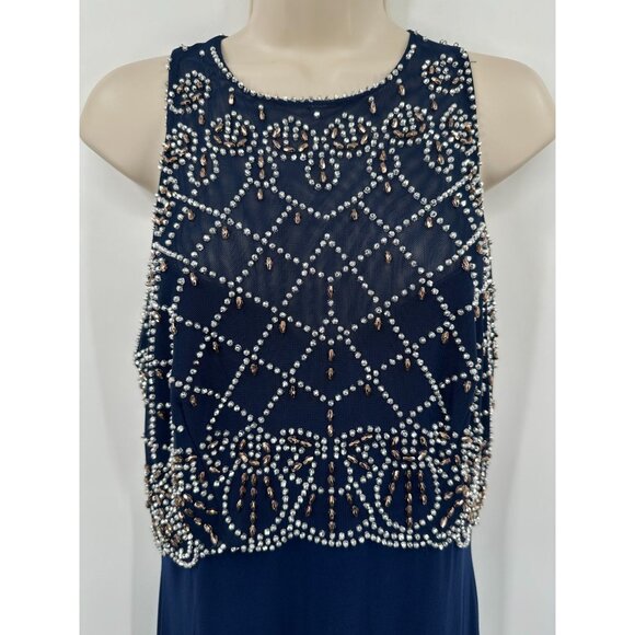 Cachet Navy Sleeveless Gown With Beaded Bodice Floor Length Prom Evening 12 - Picture 2 of 7